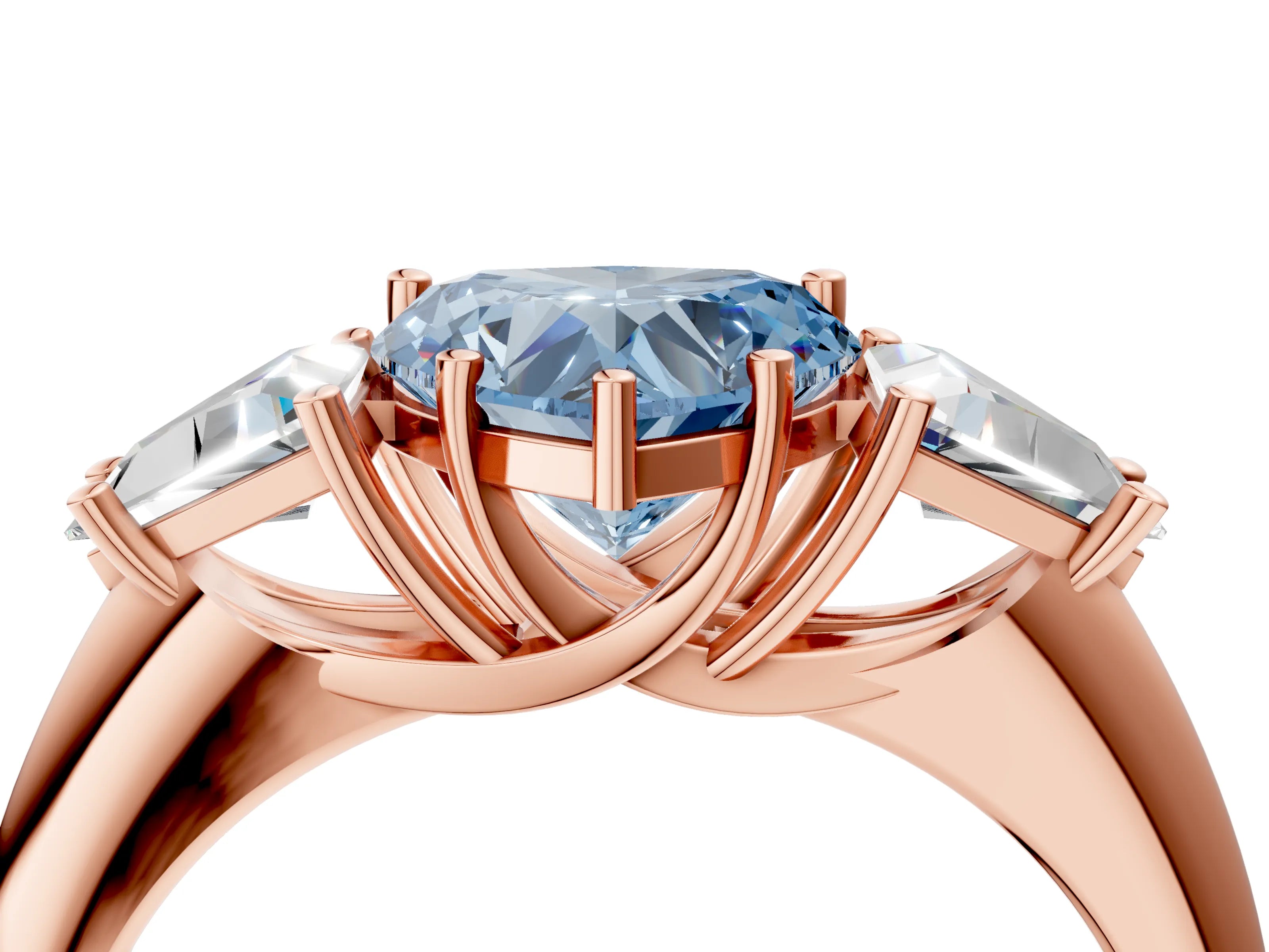 Rose gold Three-Stone Fancy Blue Heart Cut Cut Diamond Ring with Trillion Side Stones and Four-Prong Setting_7