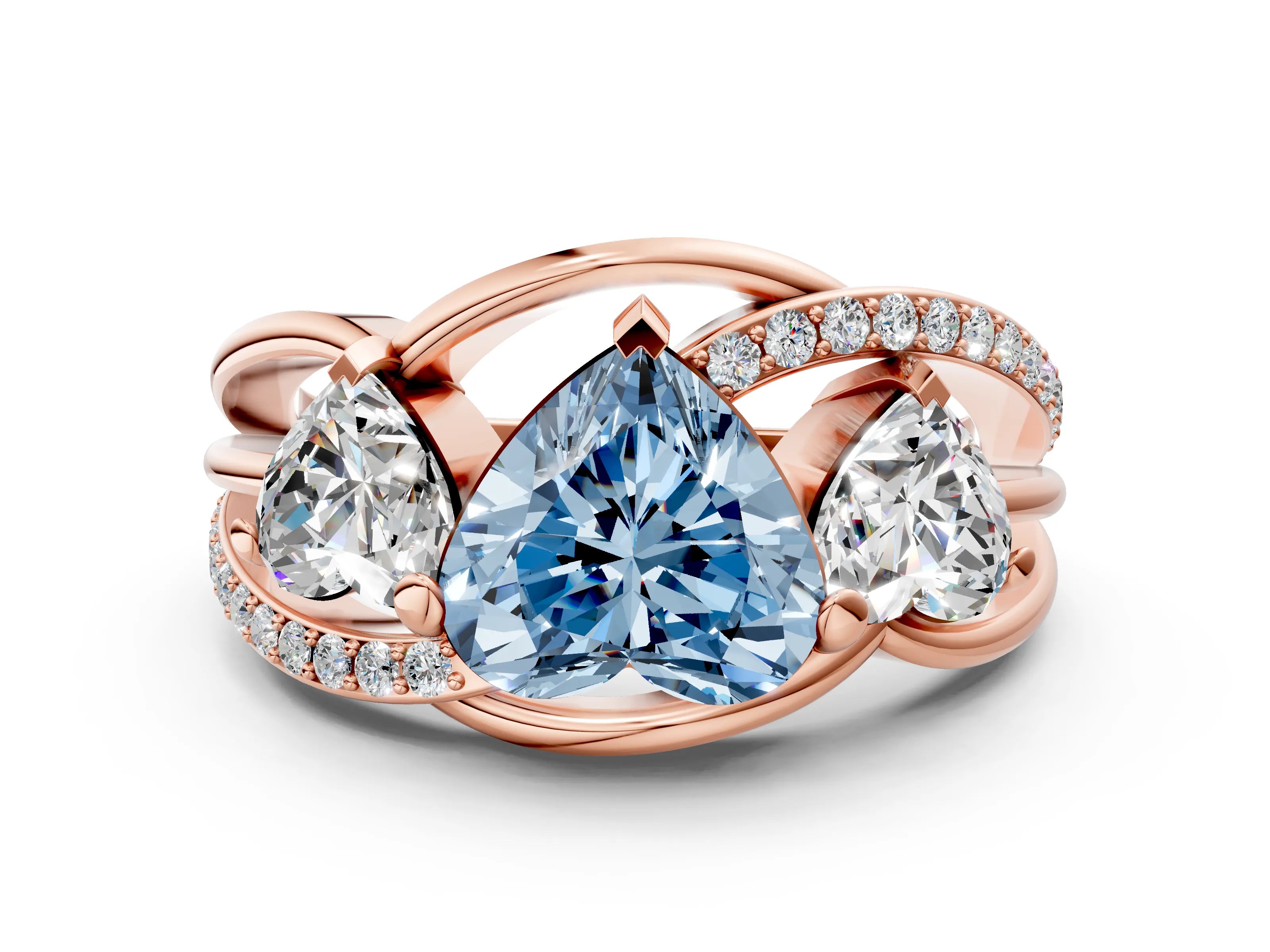 Rose gold Three-Stone Fancy Blue Heart Cut Cut Diamond Split Shank Prong Set Ring