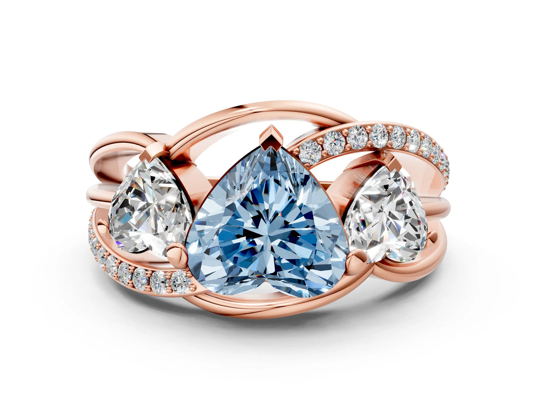 Rose gold Three-Stone Fancy Blue Heart Cut Cut Diamond Split Shank Prong Set Ring