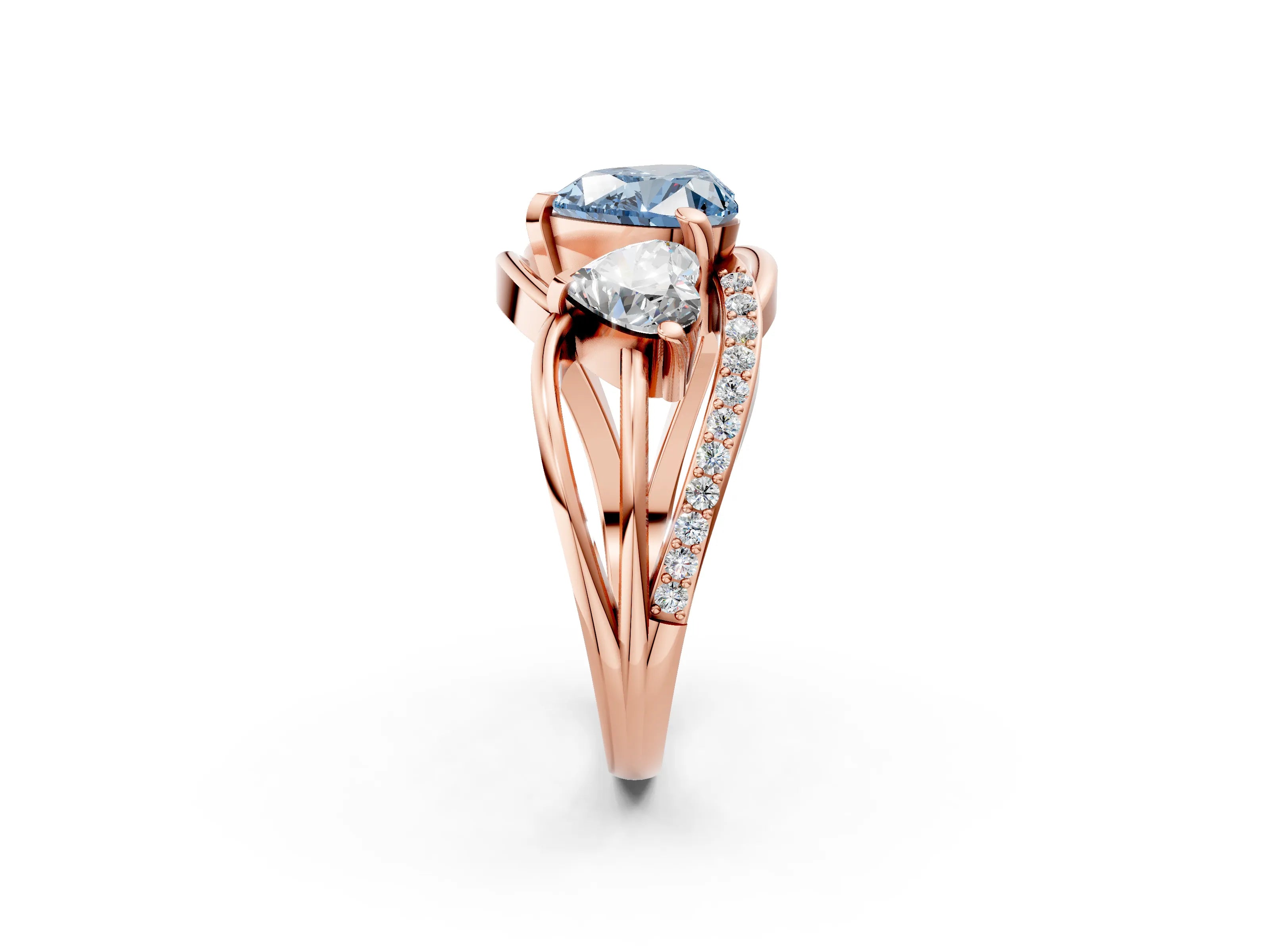 Rose gold Three-Stone Fancy Blue Heart Cut Cut Diamond Split Shank Prong Set Ring_2