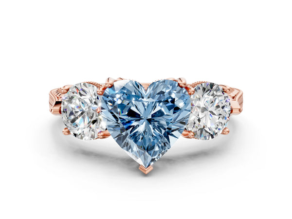 Rose Gold Heart-Shaped Vintage Three Stone Engagement Ring Setting for Fancy Blue Center
