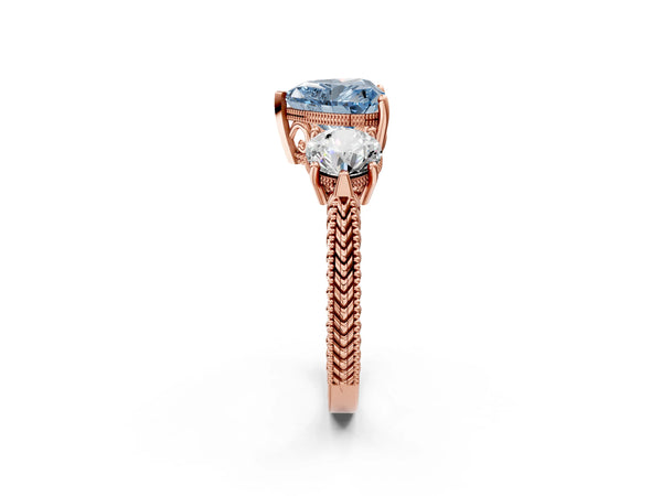 Rose Gold Heart-Shaped Vintage Three Stone Engagement Ring Setting for Fancy Blue Center