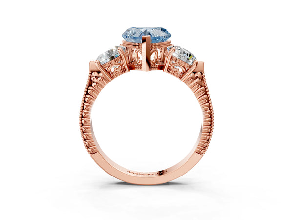 Rose Gold Heart-Shaped Vintage Three Stone Engagement Ring Setting for Fancy Blue Center