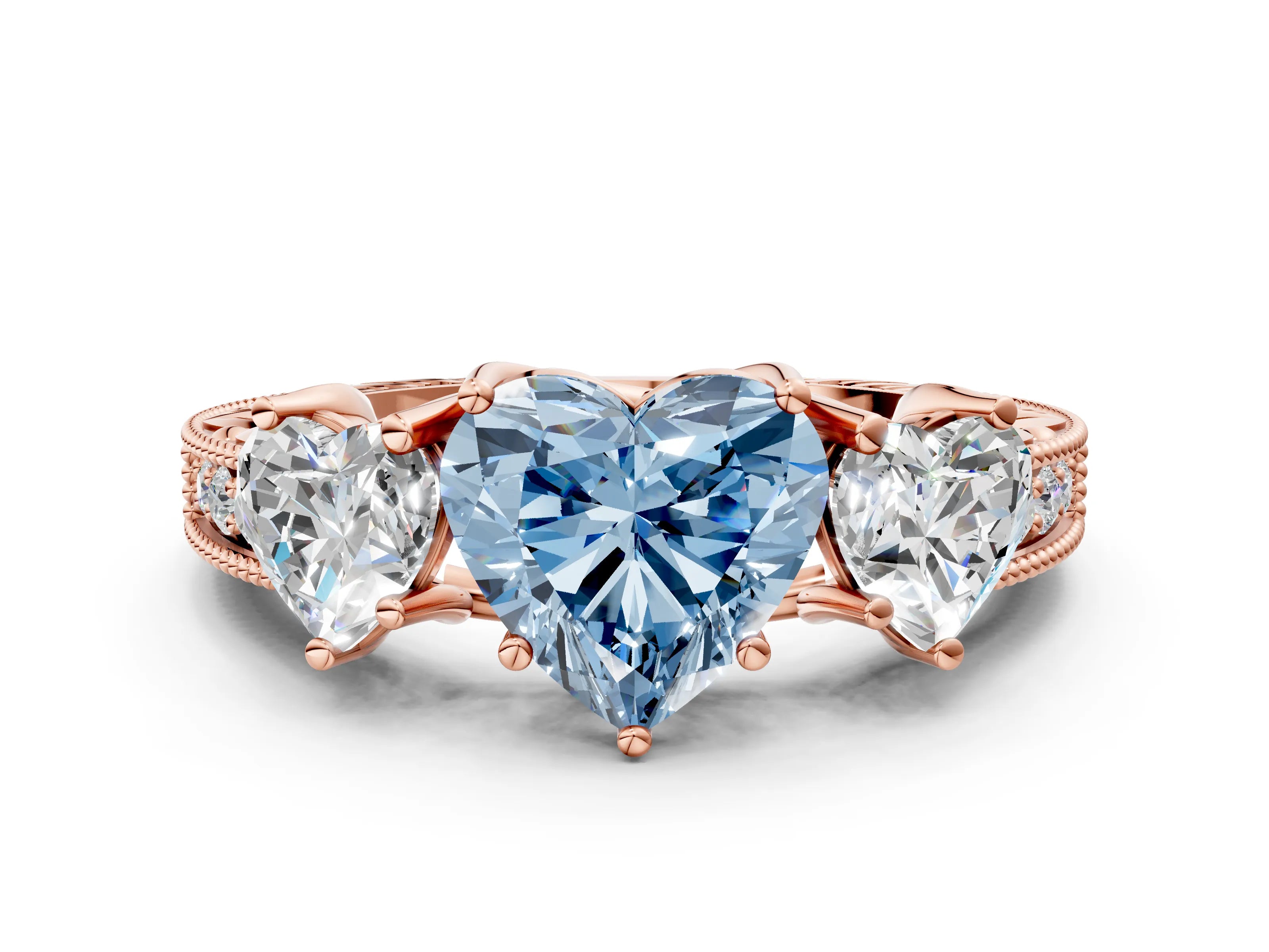 Rose gold Three-Stone Fancy Blue Heart Cut Cut Milgrain Pavé Engagement Ring