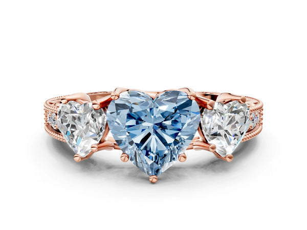 Rose gold Three-Stone Fancy Blue Heart Cut Cut Milgrain Pavé Engagement Ring