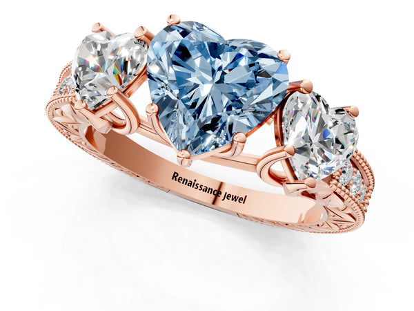 Rose gold Three-Stone Fancy Blue Heart Cut Cut Milgrain Pavé Engagement Ring