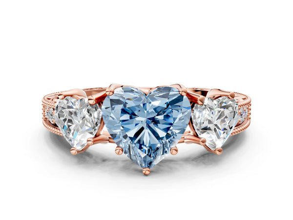 Rose Gold Heart-Shaped Engraved Three Stone Engagement Ring Setting for Fancy Blue Center