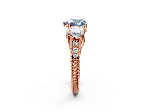 Rose Gold Heart-Shaped Engraved Three Stone Engagement Ring Setting for Fancy Blue Center