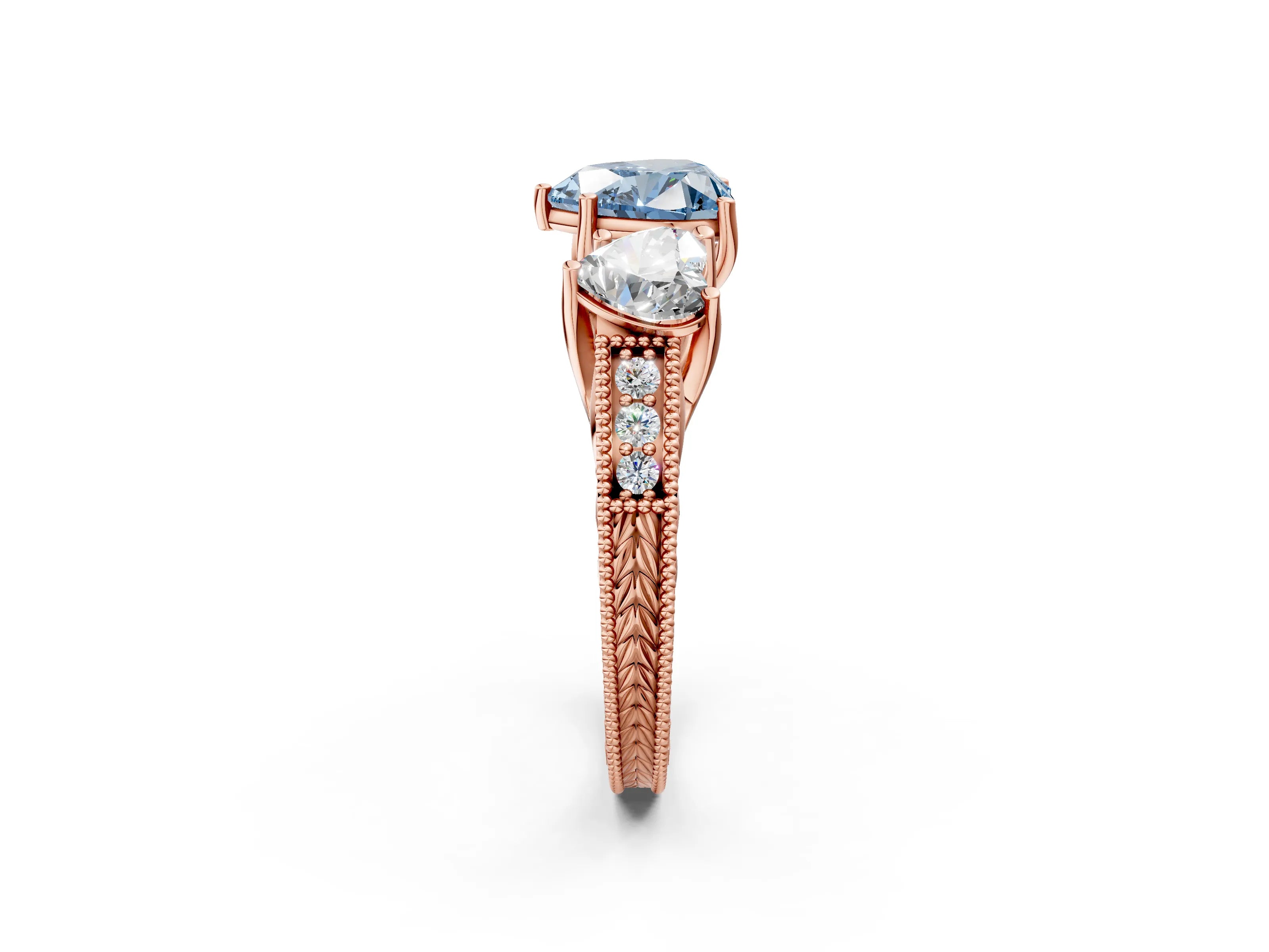Rose gold Three-Stone Fancy Blue Heart Cut Cut Milgrain Pavé Engagement Ring_2