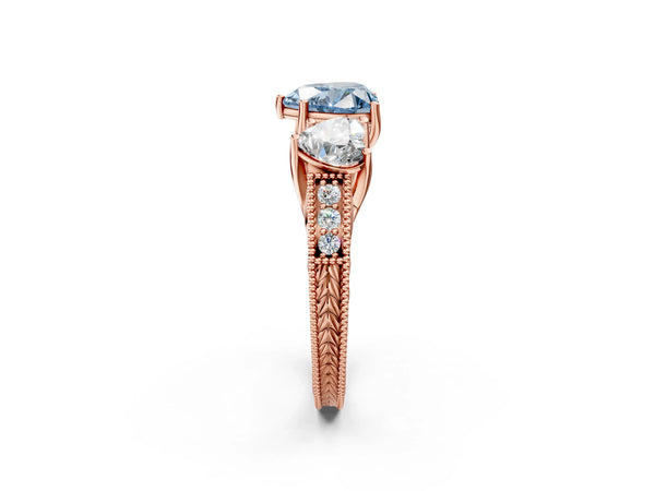 Rose gold Three-Stone Fancy Blue Heart Cut Cut Milgrain Pavé Engagement Ring