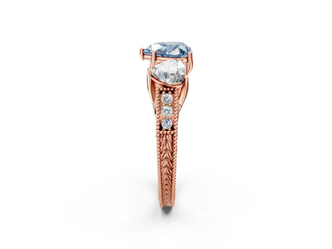 Rose gold Three-Stone Fancy Blue Heart Cut Cut Milgrain Pavé Engagement Ring_2
