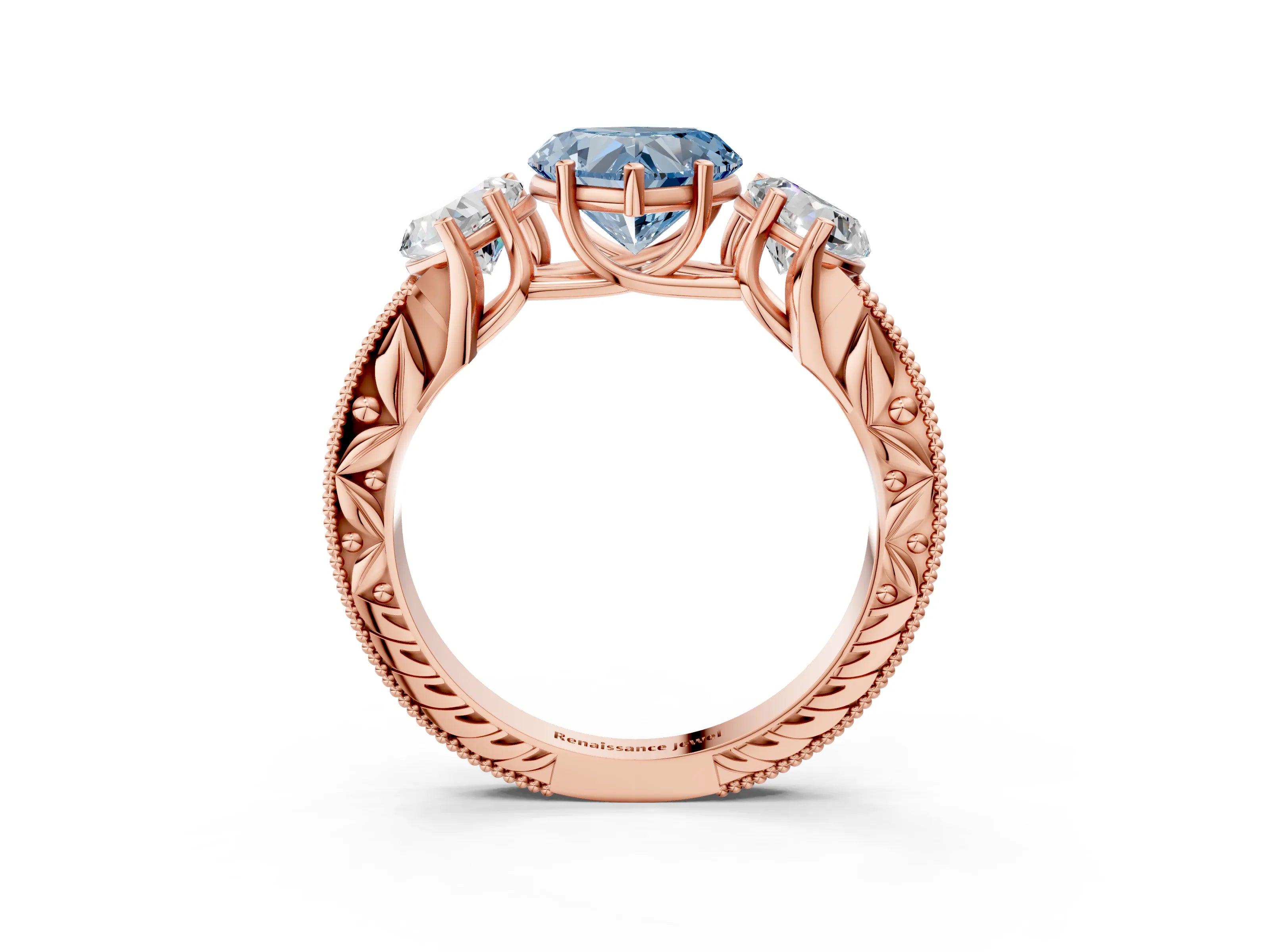 Rose gold Three-Stone Fancy Blue Heart Cut Cut Milgrain Pavé Engagement Ring_3