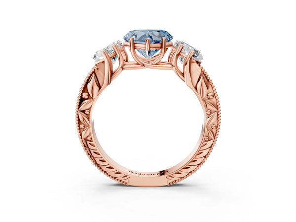 Rose gold Three-Stone Fancy Blue Heart Cut Cut Milgrain Pavé Engagement Ring