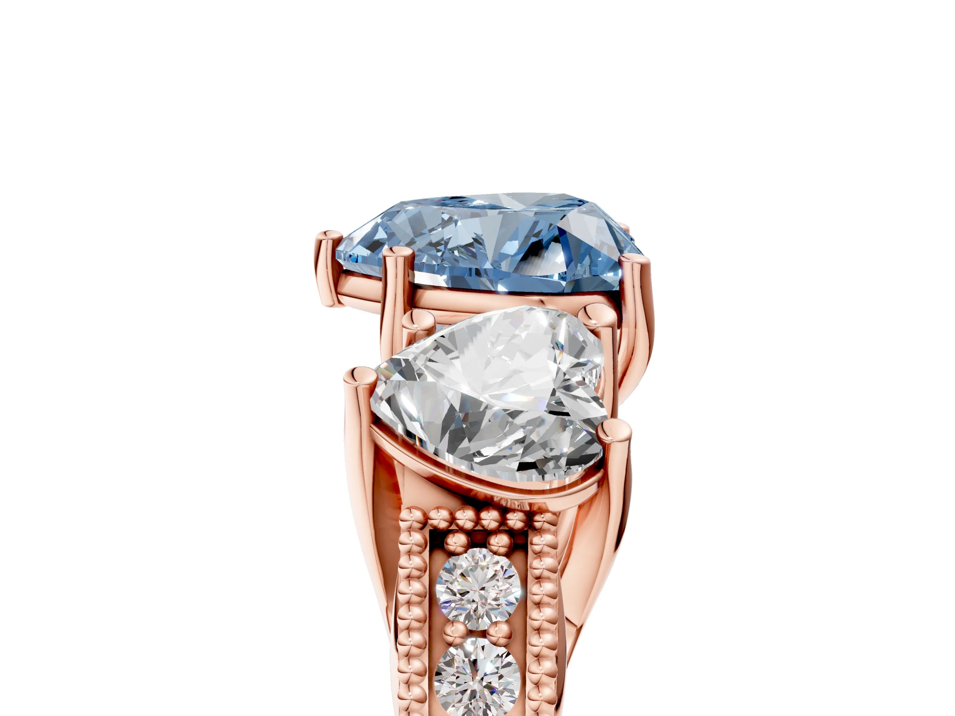Rose gold Three-Stone Fancy Blue Heart Cut Cut Milgrain Pavé Engagement Ring_5