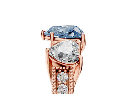 Rose gold Three-Stone Fancy Blue Heart Cut Cut Milgrain Pavé Engagement Ring_5