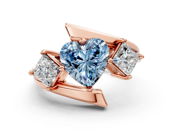 Rose gold Three-Stone Fancy Blue Heart Cut Cut Tension Band Ring with Four-Prong Setting
