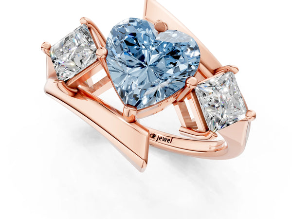 Rose gold Three-Stone Fancy Blue Heart Cut Cut Tension Band Ring with Four-Prong Setting