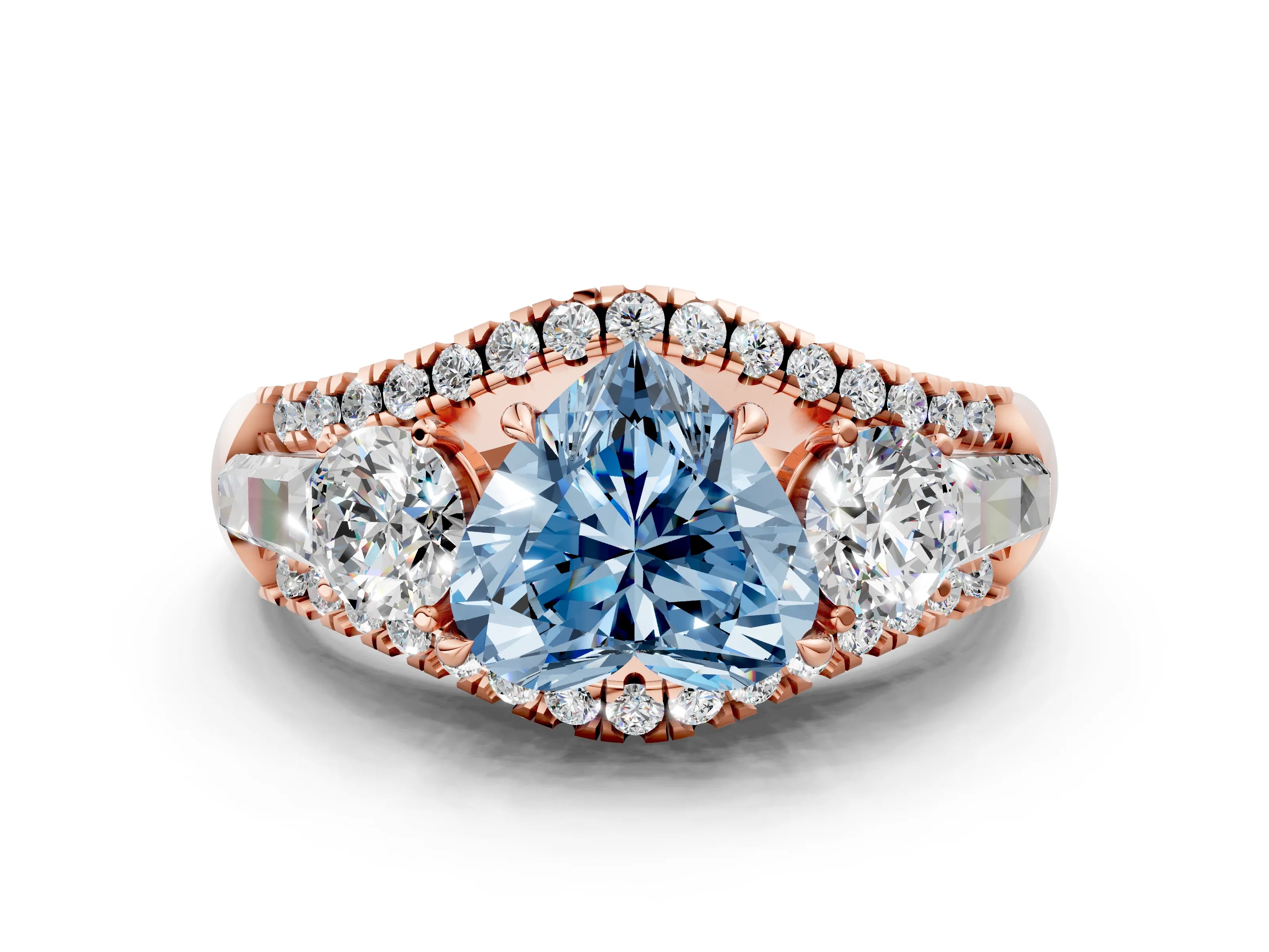 Rose gold Three-Stone Fancy Blue Heart Cut Diamond Engagement Ring with Pave Band and Prong Setting