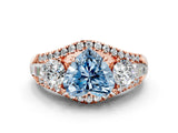 Rose gold Three-Stone Fancy Blue Heart Cut Diamond Engagement Ring with Pave Band and Prong Setting