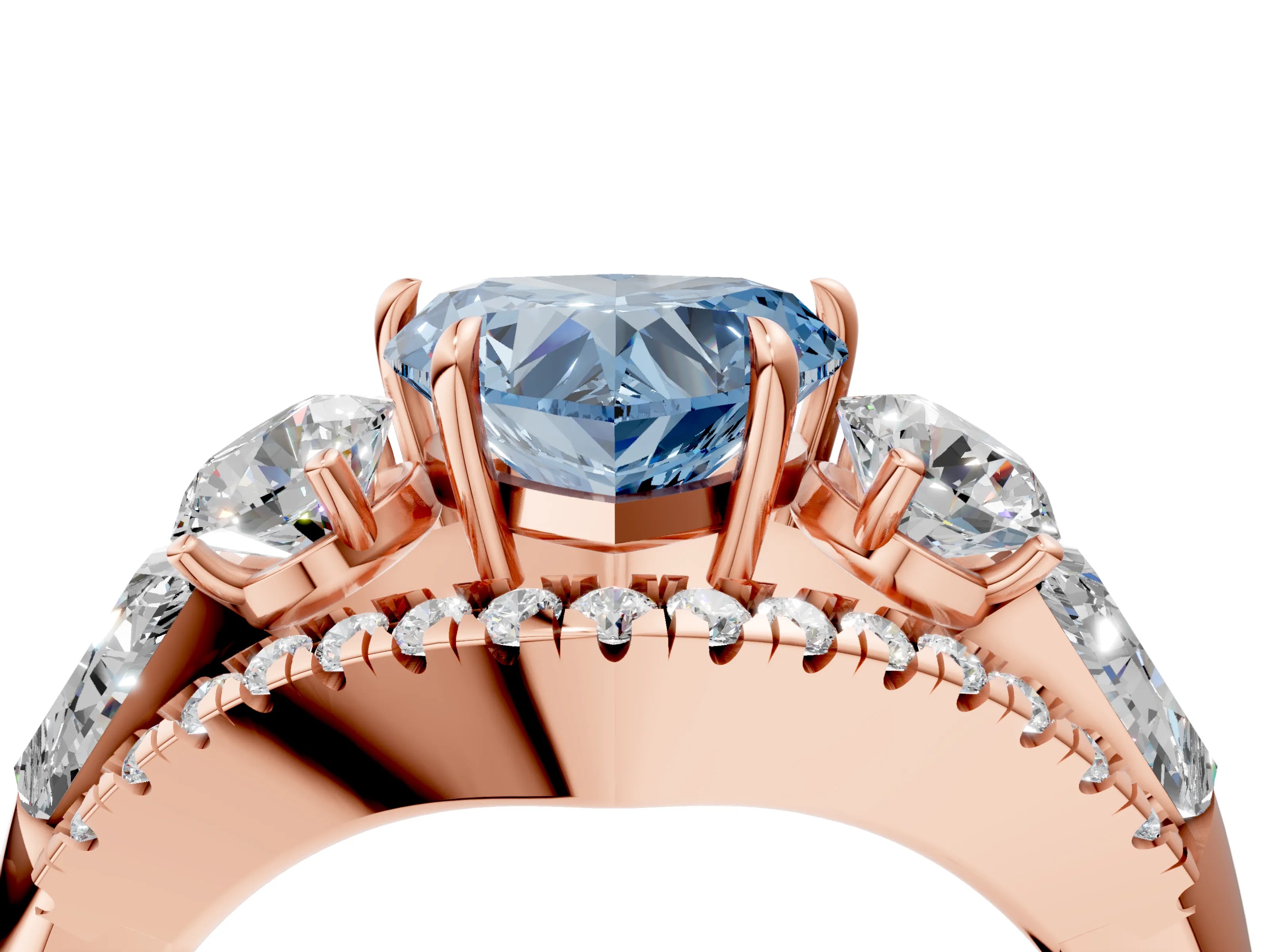 Rose gold Three-Stone Fancy Blue Heart Cut Diamond Engagement Ring with Pave Band and Prong Setting_4