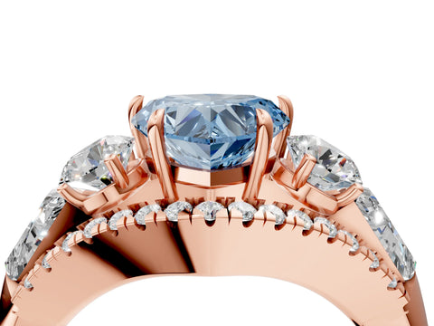 Rose gold Three-Stone Fancy Blue Heart Cut Diamond Engagement Ring with Pave Band and Prong Setting_4