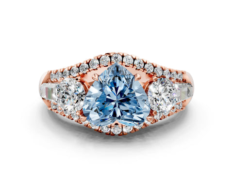 Rose gold Three-Stone Fancy Blue Heart Cut Diamond Engagement Ring with Pave Band and Prong Setting