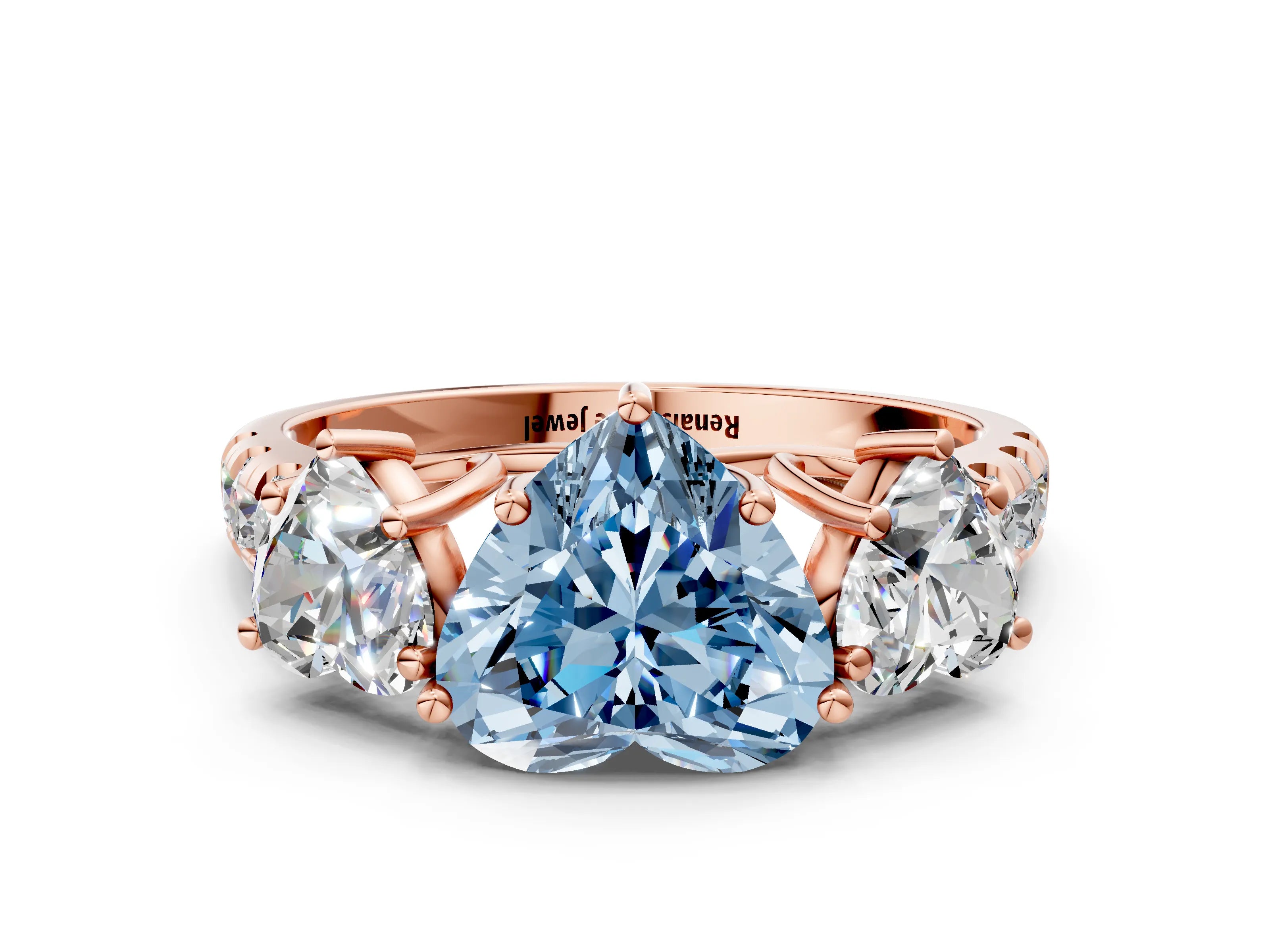 Rose gold Three-Stone Fancy Blue Heart Cut Diamond Pavé Band with Prong Setting