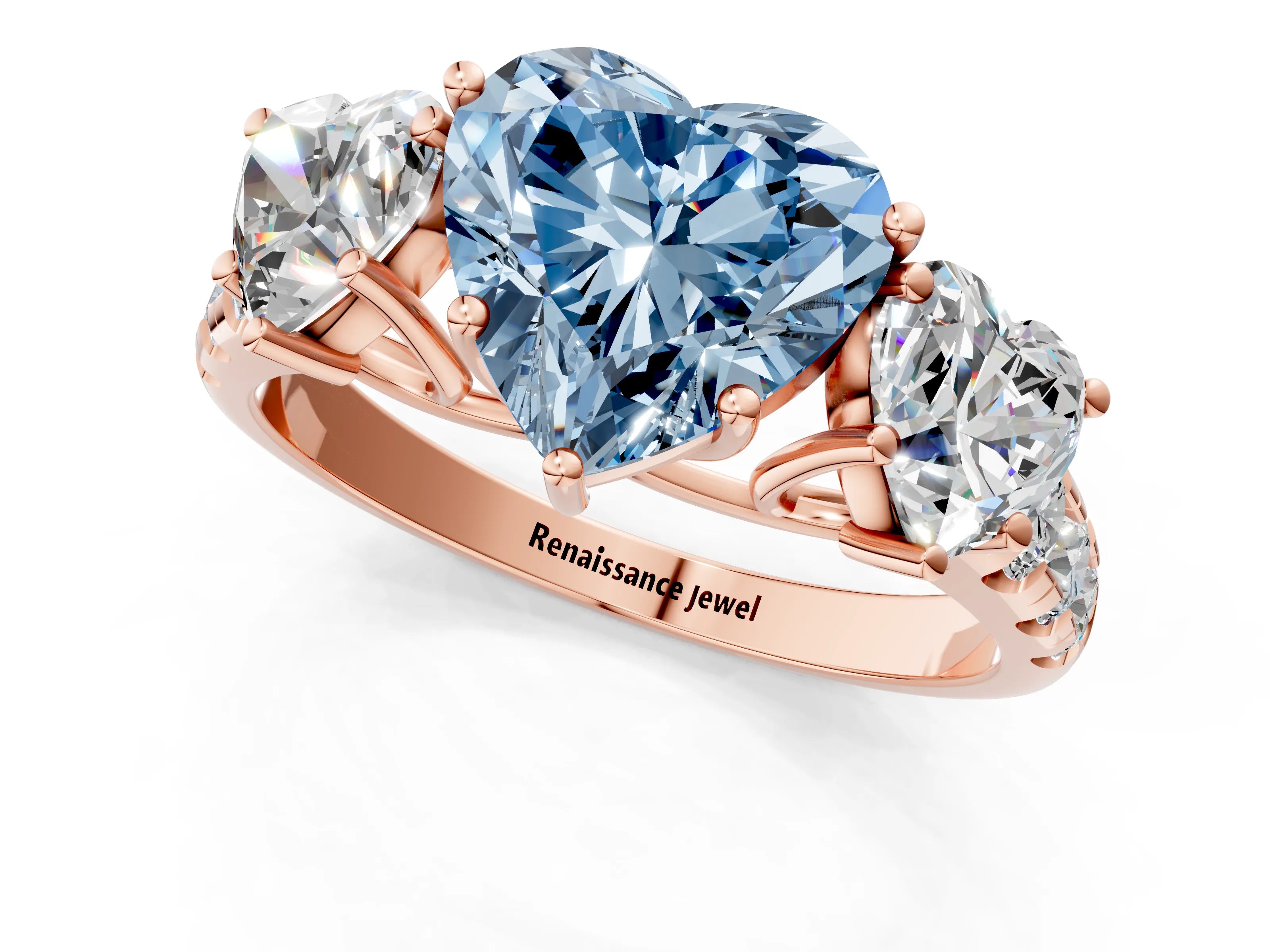 Rose gold Three-Stone Fancy Blue Heart Cut Diamond Pavé Band with Prong Setting_1