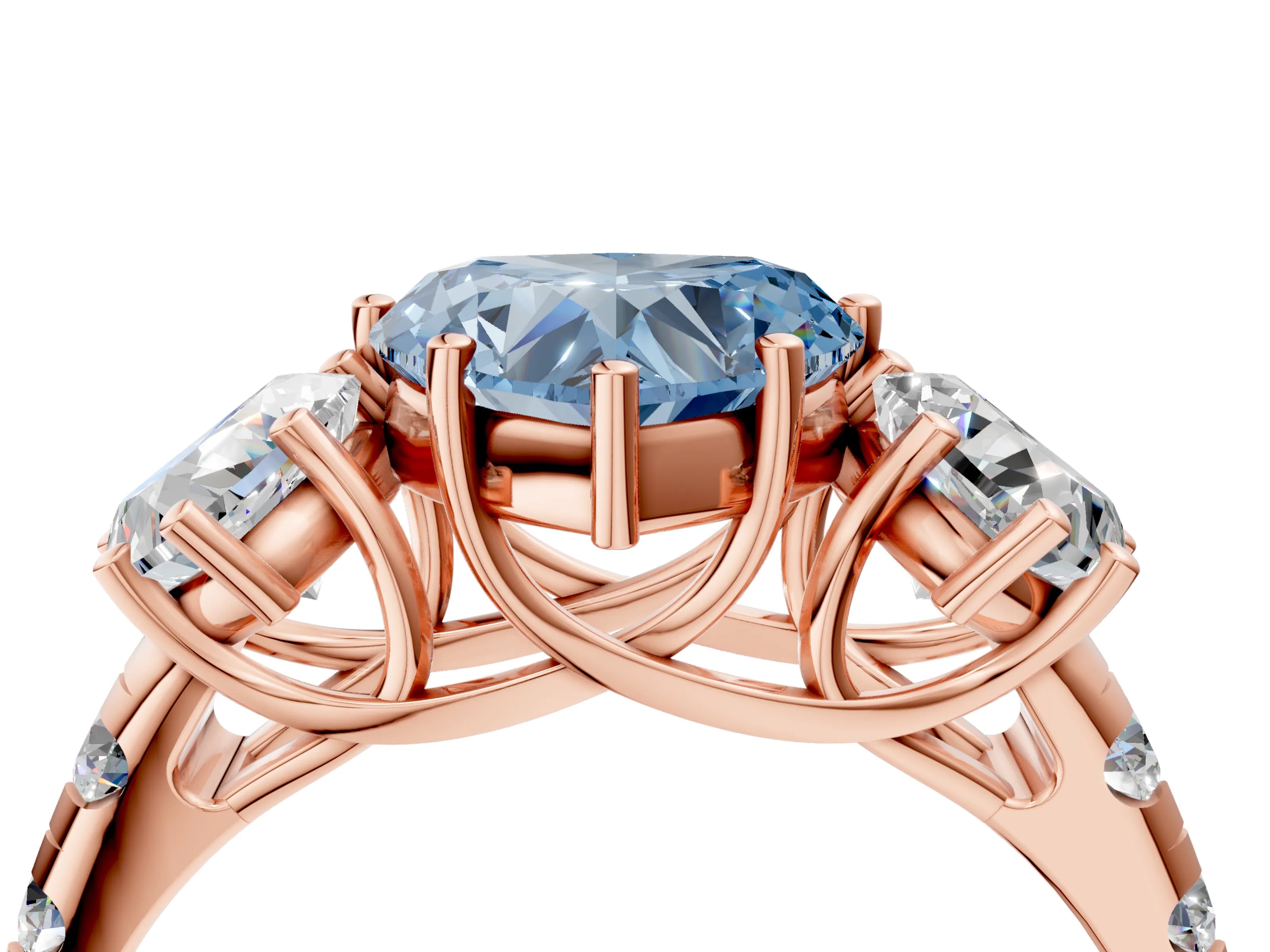 Rose gold Three-Stone Fancy Blue Heart Cut Diamond Pavé Band with Prong Setting_4