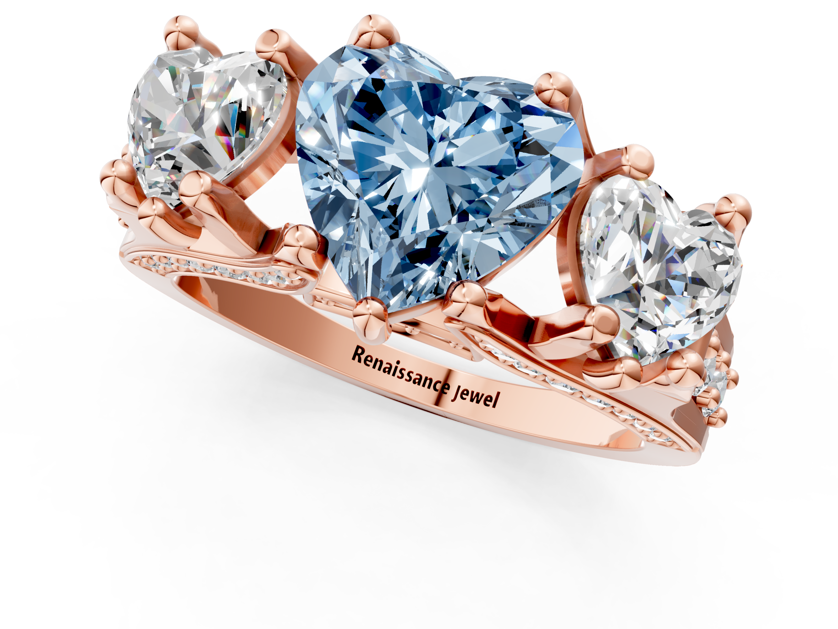 Rose gold Three-Stone Fancy Blue Heart  Cut Diamond Ring with Channel-Set Band and Four-Prong Setting_48