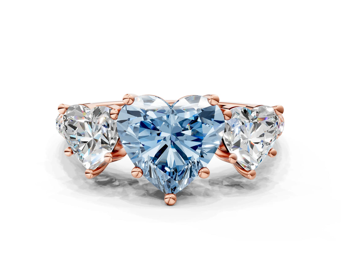 Rose gold Three-Stone Fancy Blue Heart Cut Diamond Ring with Pavé Band and Prong Setting_93