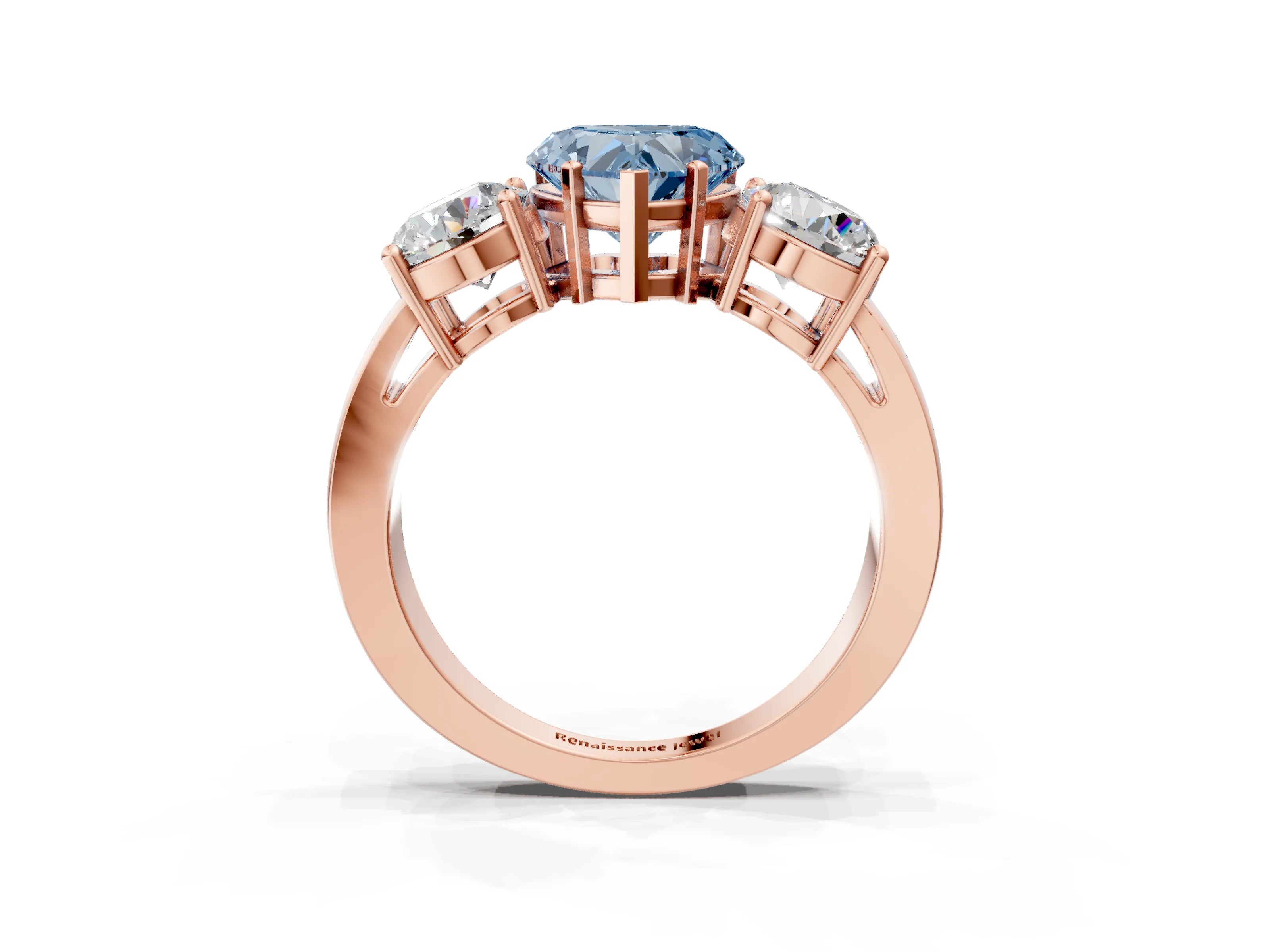 Rose gold Three-Stone Fancy Blue Heart Cut Diamond Ring with Round Side Stones, Classic Band, and Four-Prong Setting_3