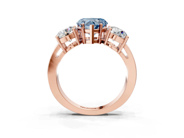 Rose gold Three-Stone Fancy Blue Heart Cut Diamond Ring with Round Side Stones, Classic Band, and Four-Prong Setting