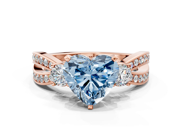 Rose gold Three-Stone Fancy Blue Heart  Cut Diamond Twist Band with Prong Setting