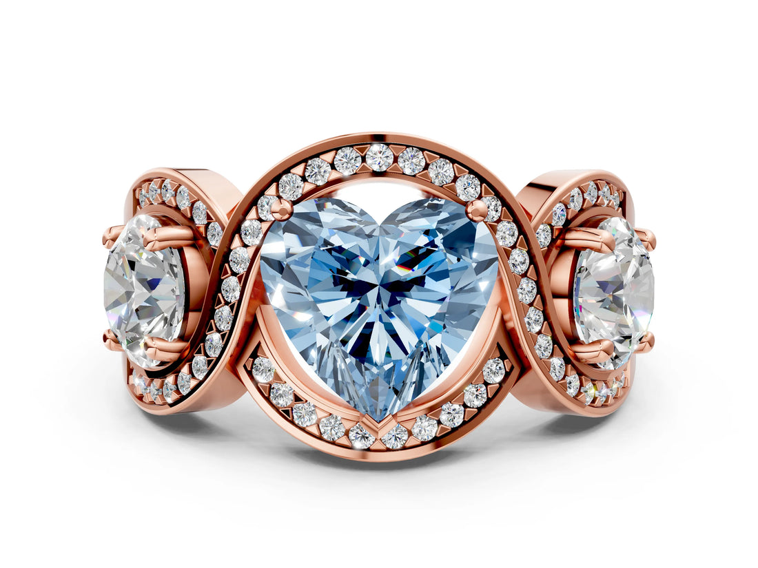Rose gold Three-Stone Fancy Blue Heart Cut Diamond Wave Pave Band with Prong Setting_24
