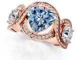 Rose gold Three-Stone Fancy Blue Heart Cut Diamond Wave Pave Band with Prong Setting_25