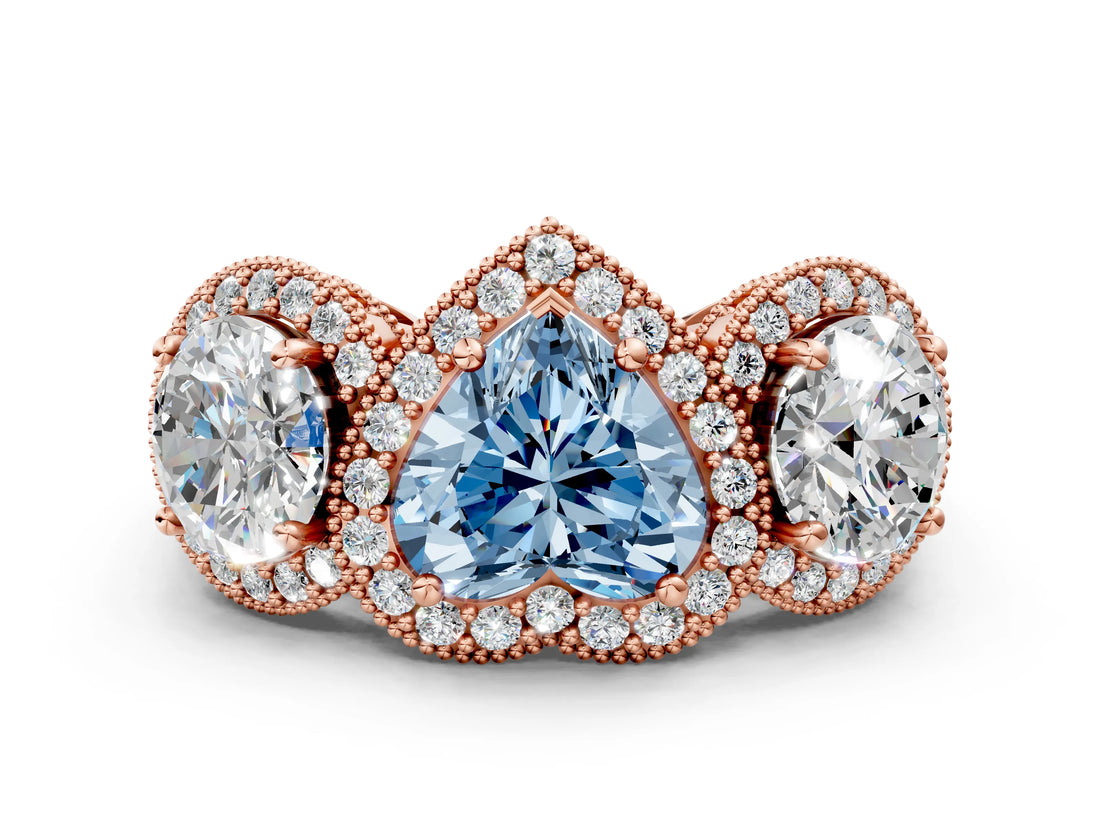 Rose gold Three-Stone Fancy Blue Heart Cut Halo Diamond Milgrain Band with Four-Prong Setting