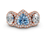 Rose gold Three-Stone Fancy Blue Heart Cut Halo Diamond Milgrain Band with Four-Prong Setting