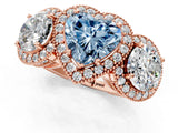 Rose gold Three-Stone Fancy Blue Heart Cut Halo Diamond Milgrain Band with Four-Prong Setting_1