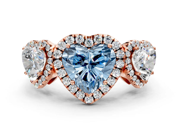 Rose gold Three-Stone Fancy Blue Heart Cut Halo Diamond Ring with Pave Band and Four-Prong Setting