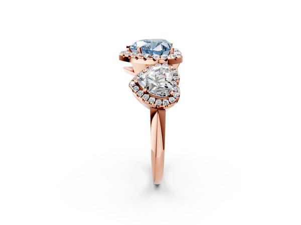 Rose gold Three-Stone Fancy Blue Heart Cut Halo Diamond Ring with Pave Band and Four-Prong Setting