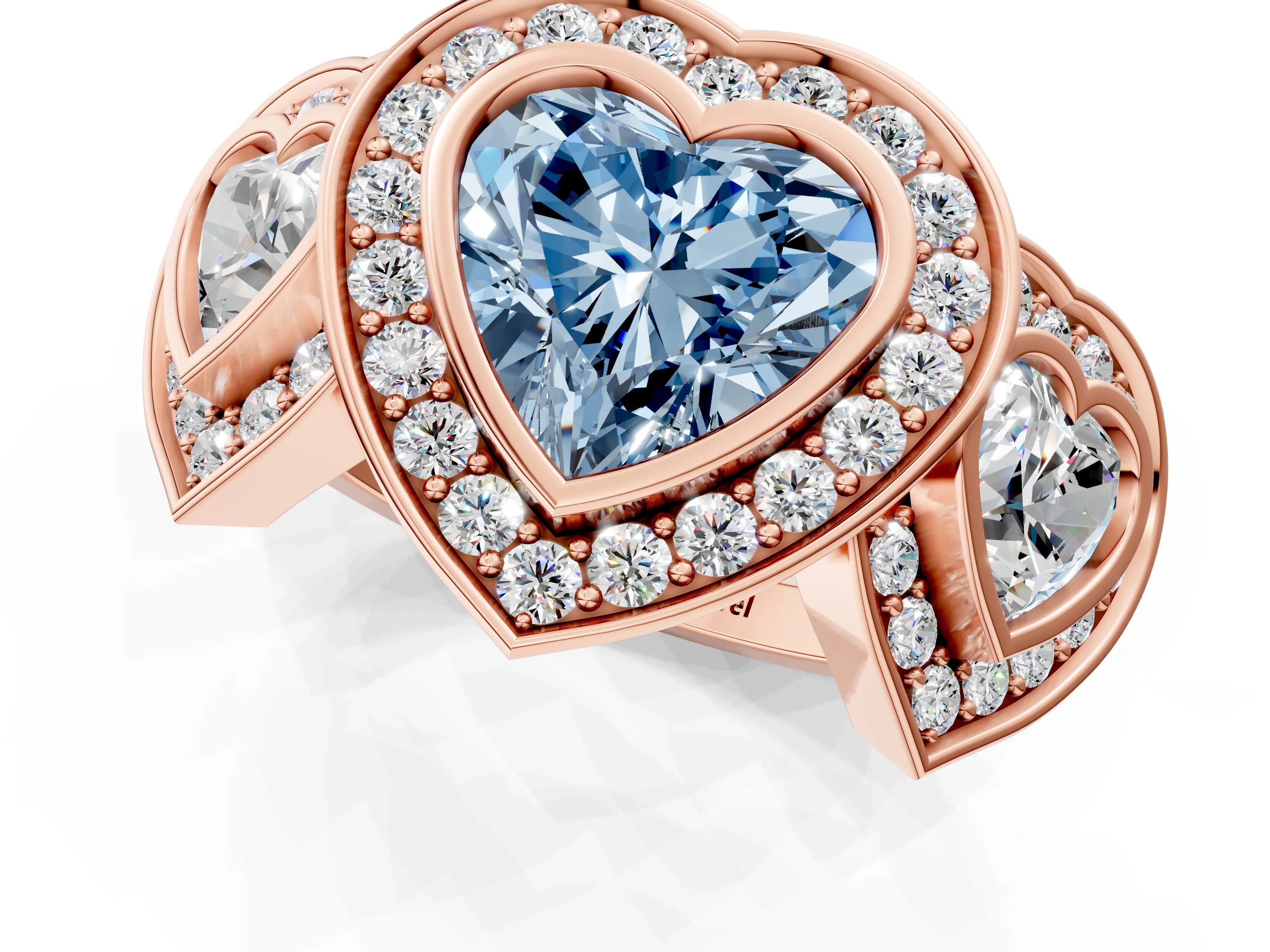 Rose gold Three-Stone Fancy Blue Heart Cut Halo Pavé Diamond Ring_1