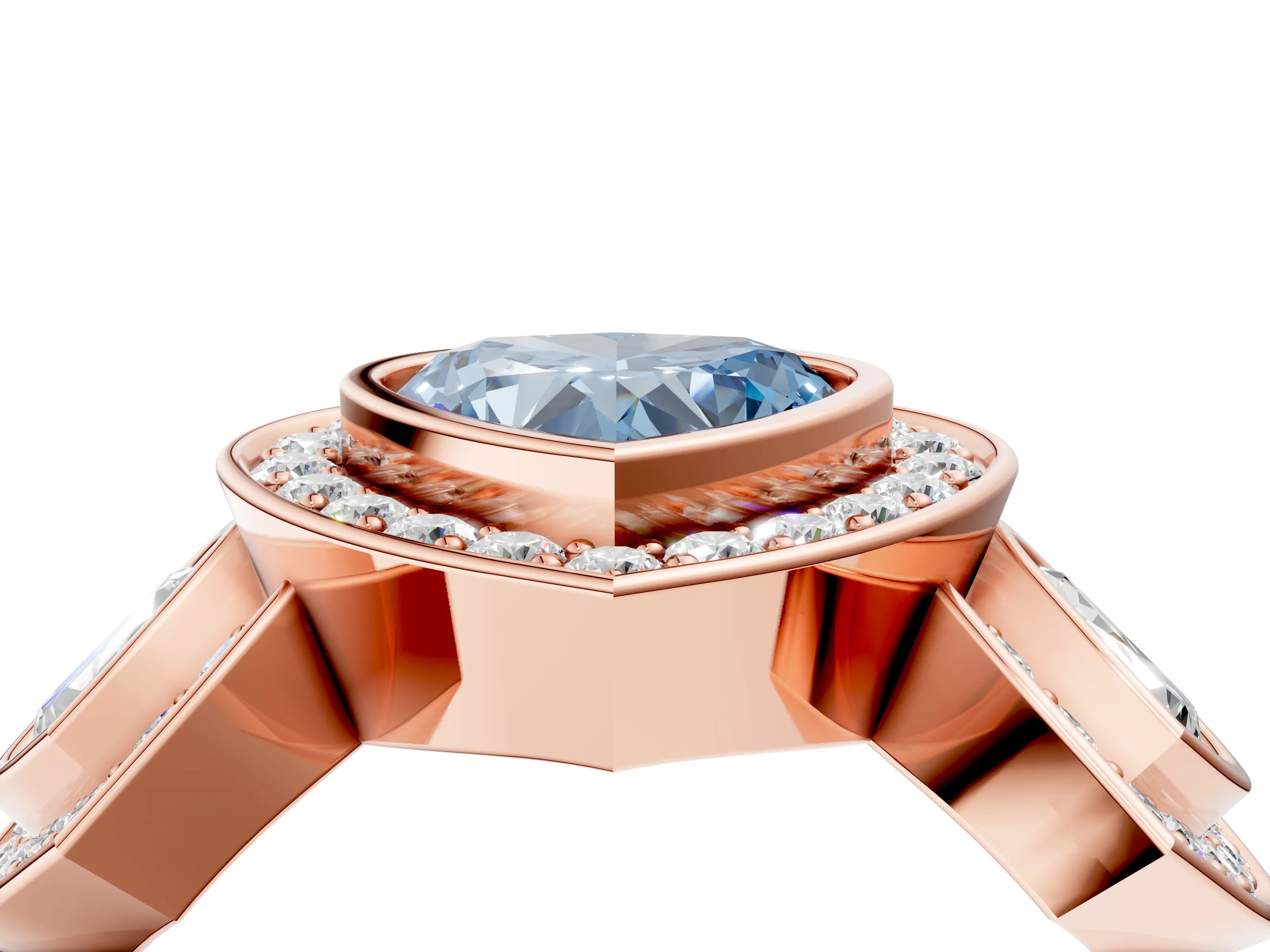 Rose gold Three-Stone Fancy Blue Heart Cut Halo Pavé Diamond Ring_4