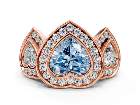 Rose gold Three-Stone Fancy Blue Heart Cut Halo Pavé Diamond Ring