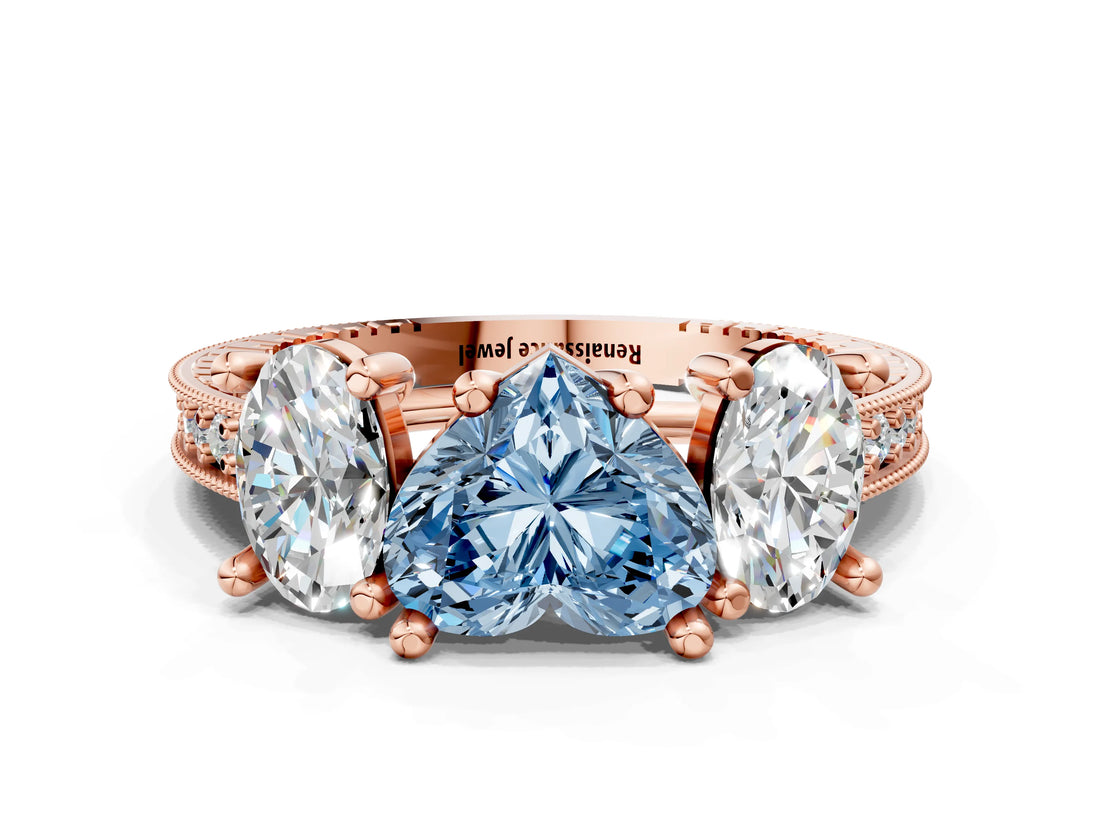 Rose gold Three-Stone Fancy Blue Heart  Diamond Milgrain Pave Band with Prong Setting 1