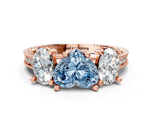 Rose gold Three-Stone Fancy Blue Heart  Diamond Milgrain Pave Band with Prong Setting