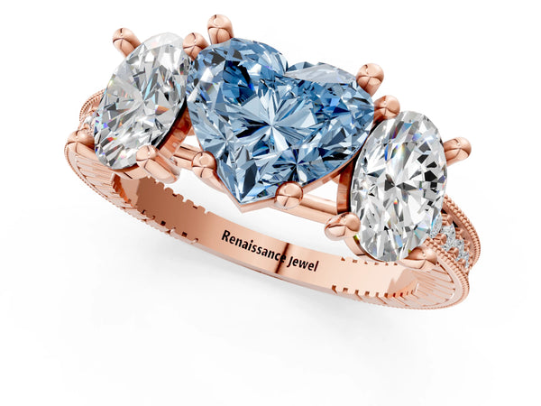 Rose gold Three-Stone Fancy Blue Heart  Diamond Milgrain Pave Band with Prong Setting