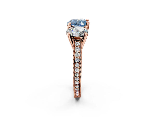 Rose gold Three-Stone Fancy Blue Heart  Diamond Milgrain Pave Band with Prong Setting