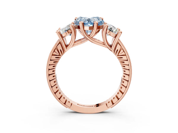 Rose gold Three-Stone Fancy Blue Heart  Diamond Milgrain Pave Band with Prong Setting