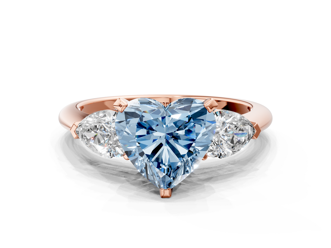Rose gold Three-Stone Fancy Blue Heart  Diamond Ring with Pear Side Stones in Four-Prong Setting_45